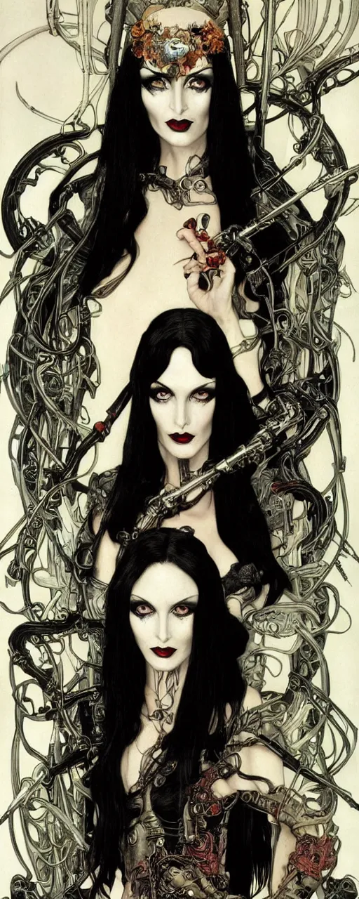 Prompt: striking sensual gorgeous crustpunk art nouveau portrait of morticia addams as an ironpunk speed metal rebel soldier by travis charest, simon bisley and alphonse mucha, photorealism, extremely hyperdetailed, perfect symmetrical facial features, perfect anatomy, ornate declotage, excited expression, wild eyes
