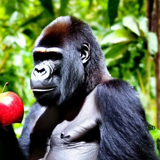 Image similar to a gorilla wearing a top hat and biting into an apple in the rainforest, dslr photo, 60mm