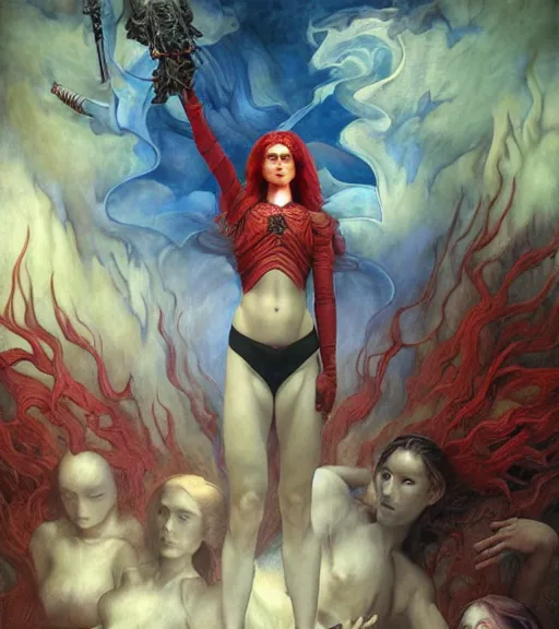 Image similar to red nightmare of the maiden in the fortress of lies, by annie swynnerton and tino rodriguez and charlie bowater and tom bagshaw and nicholas roerich and jean delville and evelyn de morgan and lucien freud, dramatic lighting, floral tattoos, rich colors, smooth sharp focus, anime key visual, extremely detailed, adolf wolfli