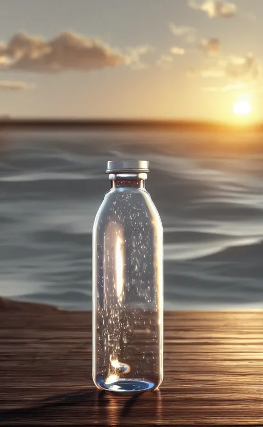 Image similar to a supernova inside a water bottle on a wooden table, hyperrealistic, concept art, octane render, unreal engine 5, trending on artstation, high quality, highly detailed, 8 k hdr, soft lighting, path traced, a beach at sunset in the background, bloom, high coherence, symmetrical, high contrast, digital art, serene landscape, cinematic