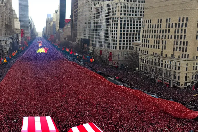 Image similar to photo of giant horrific death metal elaborate parade with float characters designed by ( ( ( ( ( ( ( ( death metal bands ) ) ) ) ) ) ) ) and heavy metal!!!!!!!!!!!!!!, in the macys parade, detailed 4 k photo,