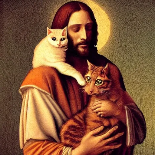 Image similar to jesus holding a cute cat, emotional, cute, powerful, digital art by leonardo da vinci