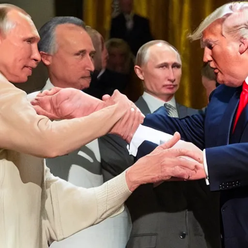 Image similar to Donald Trump reaching out to touch Vladimir Putin, replica of Michaelangelo painting Creation of Adam