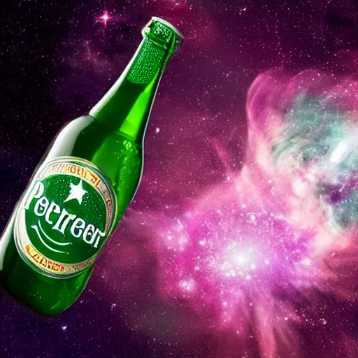 Prompt: a photo of a bottle of Perrier in space with nebula