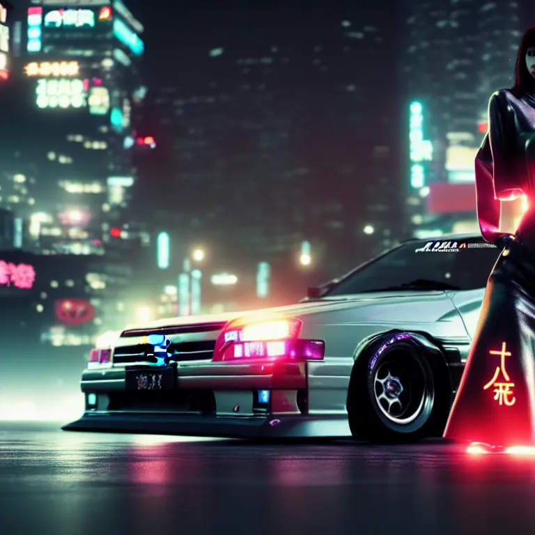 Image similar to toyota jzx 1 0 0 drift, detailed - wheels, shibuya prefecture, cyberpunk female supermodel in front, cinematic lighting, photorealistic, night photography, octane render