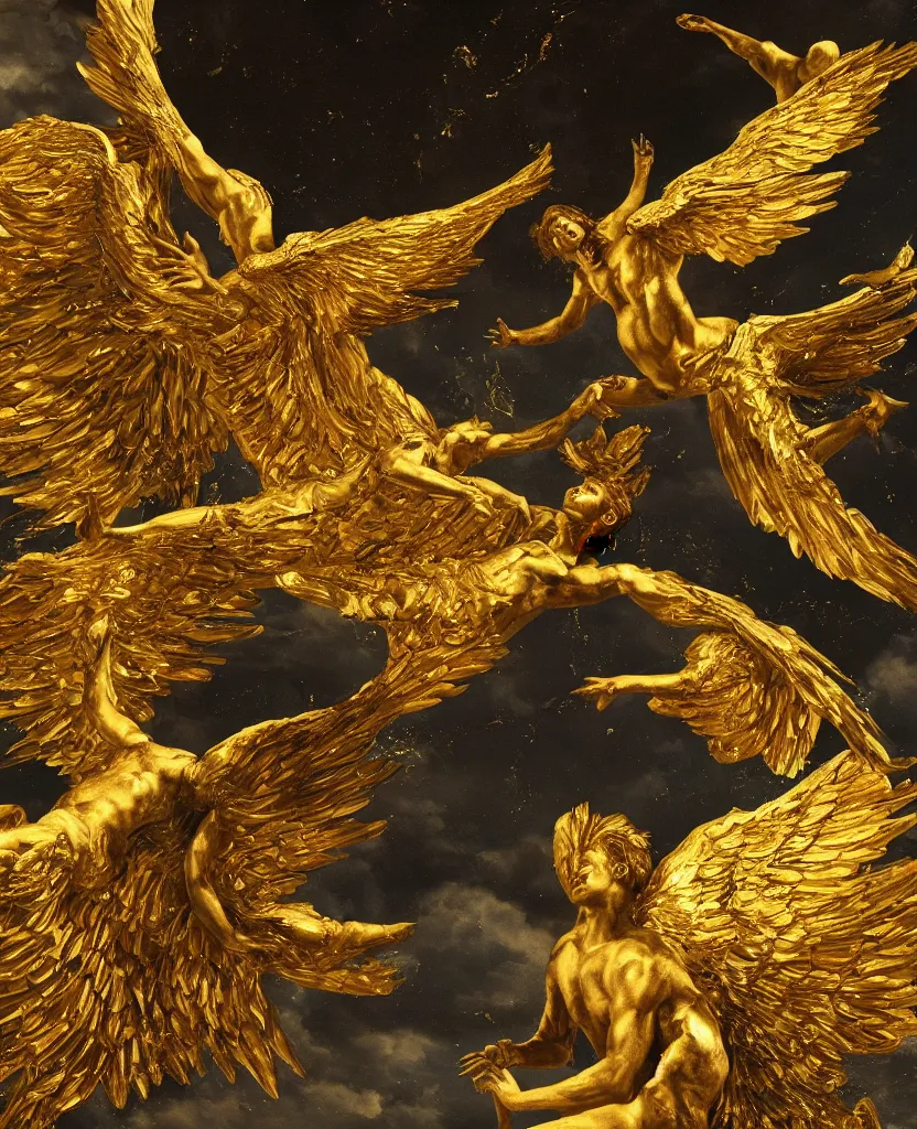 Image similar to icarus falling from the sky, golden, big wings, dramatic, round baroque frame, extremely detailed, 8 k