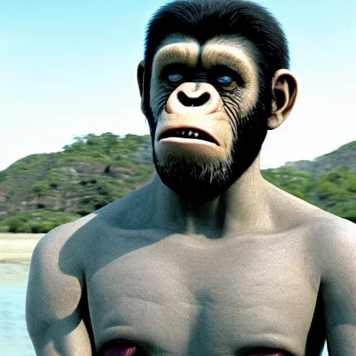 Image similar to cesar from planet of the apes but he looks like andy serkis
