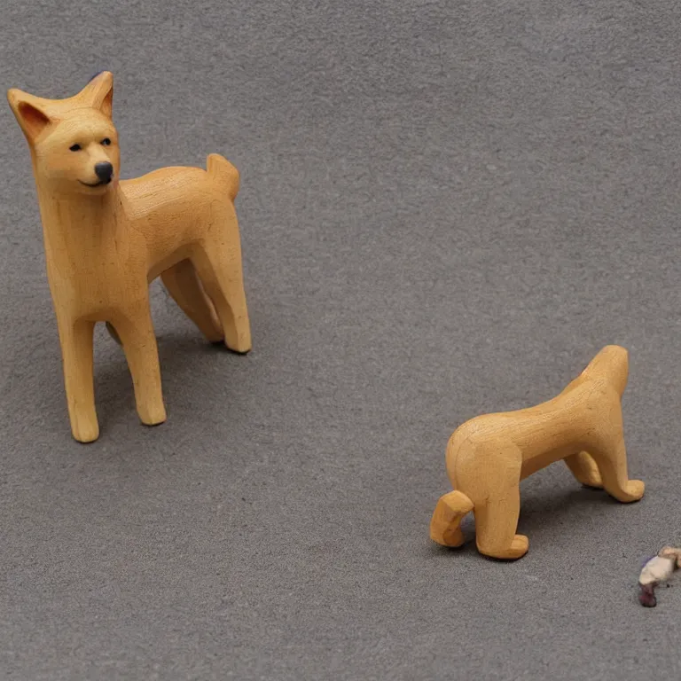 Prompt: shiba inu wooden figurine found in a prehistoric cave