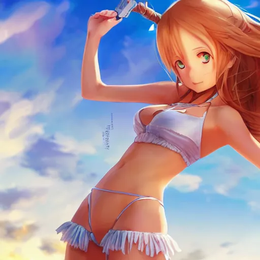 Image similar to bird perspective : a giant macro very beautiful young yuuki asuna, full body, long wavy blond hair, sky blue eyes, full round face,, bikini, miniskirt, stepping on a miniature city, cinematic wallpaper by stanley artgerm lau