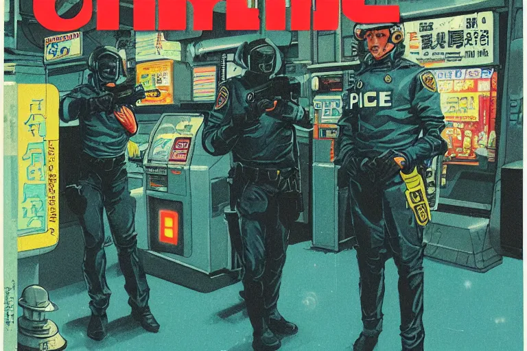 Image similar to 1979 OMNI Magazine Cover of a police stopping a downtown convenience store robbery in neo-Tokyo in cyberpunk style by Vincent Di Fate