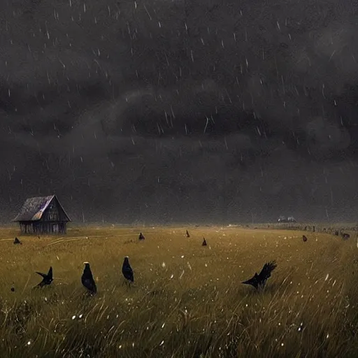 Prompt: A field full of crows, thousands of crows, a single wooden house nearby, stormy weather, dark sky, art by greg rutkowski, trending on artstation.