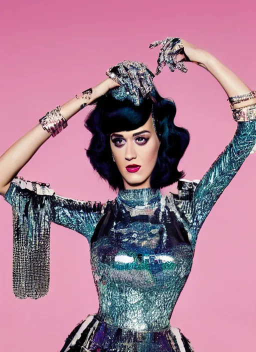 Image similar to katy perry styled by nick knight posing, full body shot, vogue magazine, canon, highly realistic. high resolution. highly detailed. dramatic. 8 k. 4 k.