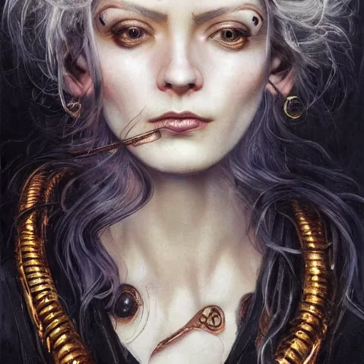 Image similar to portrait, headshot, insanely nice professional hair style, dramatic hair color, digital painting, of a old 17th century, old cyborg merchant, Roman Senator, amber jewels, baroque, ornate clothing, scifi, realistic, hyperdetailed, chiaroscuro, concept art, art by Franz Hals and Jon Foster and Ayami Kojima and Amano and Karol Bak,