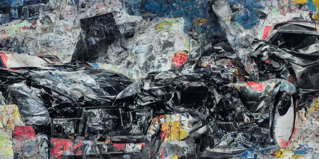 Image similar to car crash test, collage paper and tape, acrylic on canvas, hyperrealism mixed with expressionism, high resolution, cinematic, unreal 6 breathtaking detailed, by blake neubert