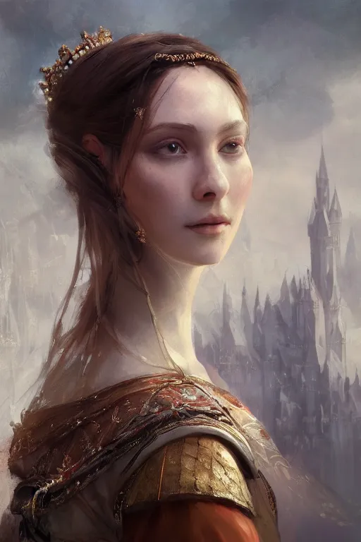 Image similar to medieval princess, gorgeous, close-up portrait, intricate, elegant, volumetric lighting, scenery, digital painting, highly detailed, artstation, sharp focus, illustration, concept art, ruan jia, steve mccurry