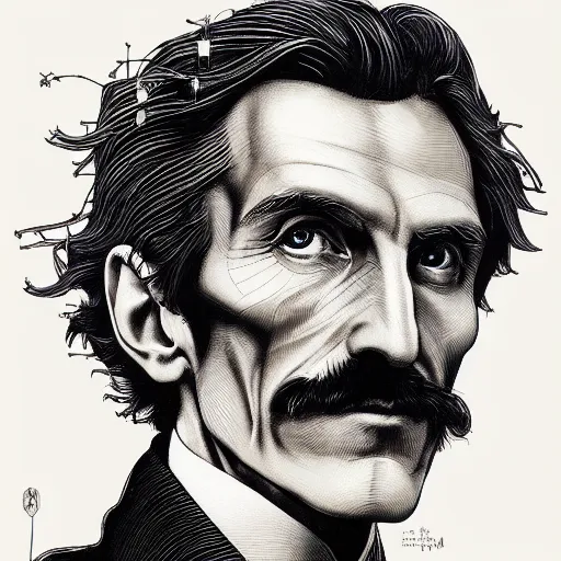 Image similar to portrait of nikola tesla, symmetrical, by yoichi hatakenaka, masamune shirow, josan gonzales and dan mumford, ayami kojima, takato yamamoto, barclay shaw, karol bak, yukito kishiro