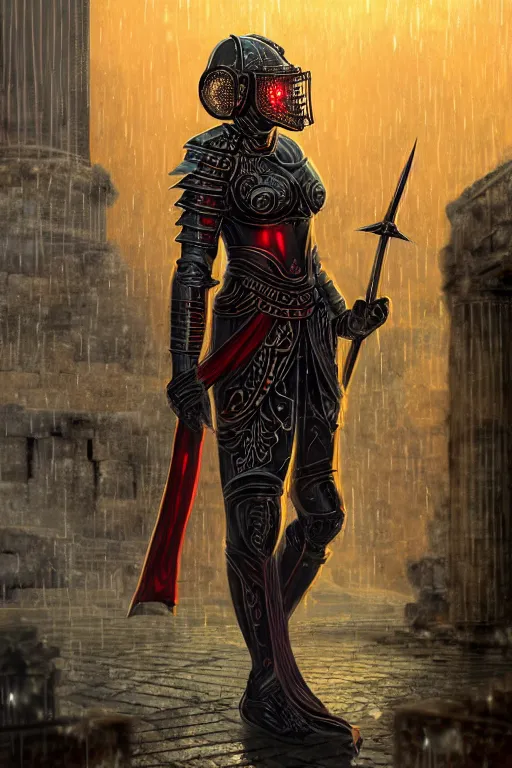 Image similar to portrait knights of Zodiac girl, metallic black and reddish color reflected armor, in heavily rainning ruin Agora of Athens, ssci-fi, fantasy, intricate, rim lights, reflected lights, natural atmosphere, great high details, highly reaslitic, cinematic lighting,, elegant, golden light, highly detailed, digital painting, concept art, smooth, sharp focus, illustration, art by artgerm and greg rutkowski and alphonse mucha and loish and WLOP