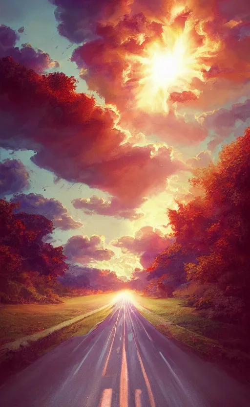 Image similar to paperback book cover by artgerm. pure colors, melting clouds, accurately drawn details, a sunburst above a receding road with the light reflected in furrows and ruts, after rain. photorealistic. octane render. cinematic. trending on artstation. textless.