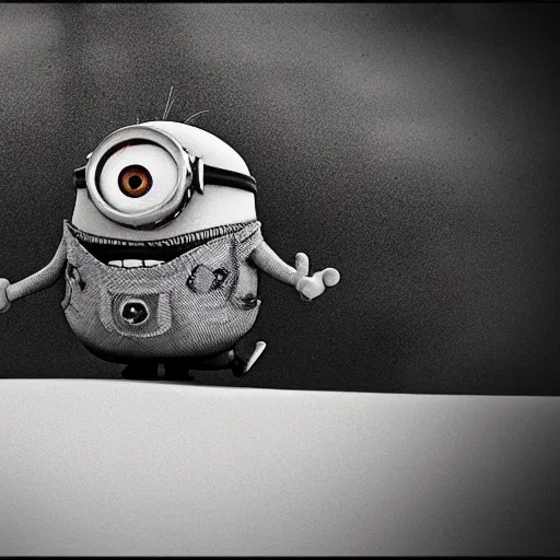 Prompt: Minion, George Miller, Photorealistic, desert, post apocalyptic, fire, dust, black and white