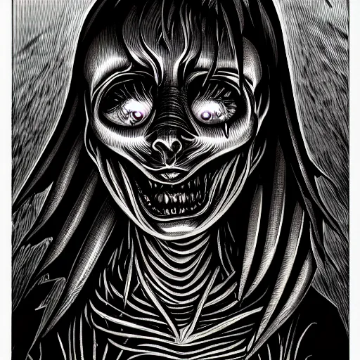 Image similar to a dark humanoid, hyper detailed, in the style of h. r. giger and junji ito and h. r. giger, selfie