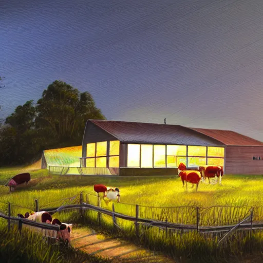 Image similar to exterior view of modern futuristic farm barn architecture, cows, pigs, chickens, detailed luminescent oil painting 4 k