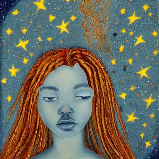 Image similar to blocks by loretta lux, by jack whitten. land art. a beautiful illustration of a young girl with long flowing hair, looking up at the stars. she appears to be dreaming or lost in thought.