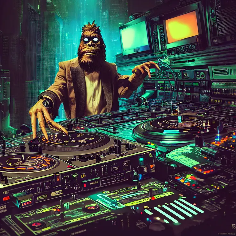 Image similar to a photograph portrait of an anthropomorphic cyberpunk bigfoot dj at the turntables spinning records, detailed render, tape deck, boombox, headphones, epic composition, cybernetics, 4 k realistic, cryengine, realistic shaded lighting, sharp focus, masterpiece, by matteo scalera, gary montalbano, peter elson in the style of the tokyo ghost comic