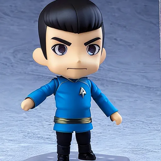 Image similar to spock from the tv series star trek, serious look, pointed ears, spock haircut, as an anime nendoroid, starfleet uniform, detailed product photo