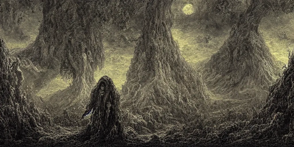 Image similar to a pixel landscape painting with many supernatural creatures, Sinister, horror, created by Gustave Dore, trending on Deviantart, high detail.