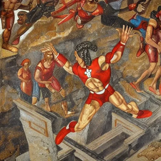 Image similar to hellenistic greece painting of ironman flying across the coliseum