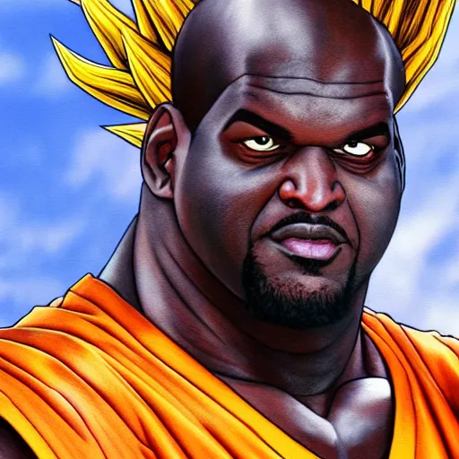 Image similar to ultra realistic portrait painting of shaquille o'neal as super saiyan goku, art by akira toriyama, 4 k, dragon ball artstyle, cel shaded, highly detailed, epic lighting