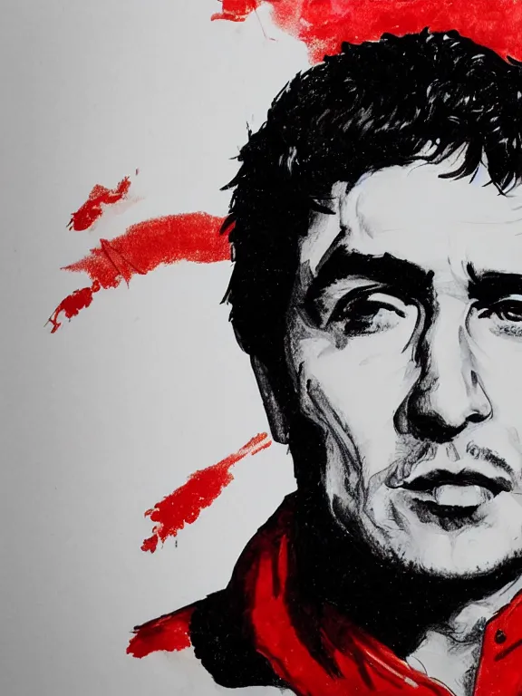 Image similar to headshot portrait. tony montana from movie scarface. perfect face, fine details., 4 k, red and black ink paint