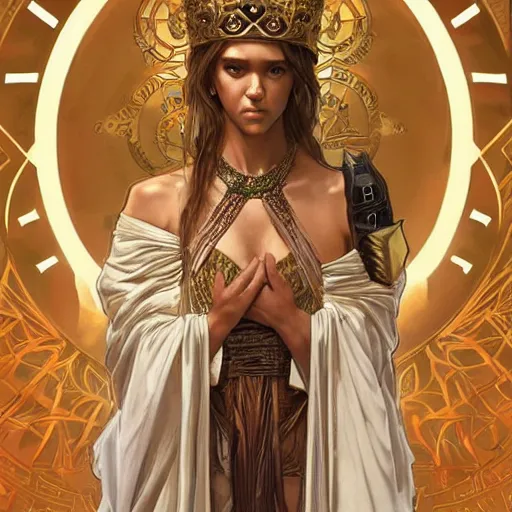 Prompt: jessica alba as queen, incredibly detailed face, wearing toga. true anatomy, symmetry, true anatomy, art by artgerm and greg rutkowski and alphonse mucha