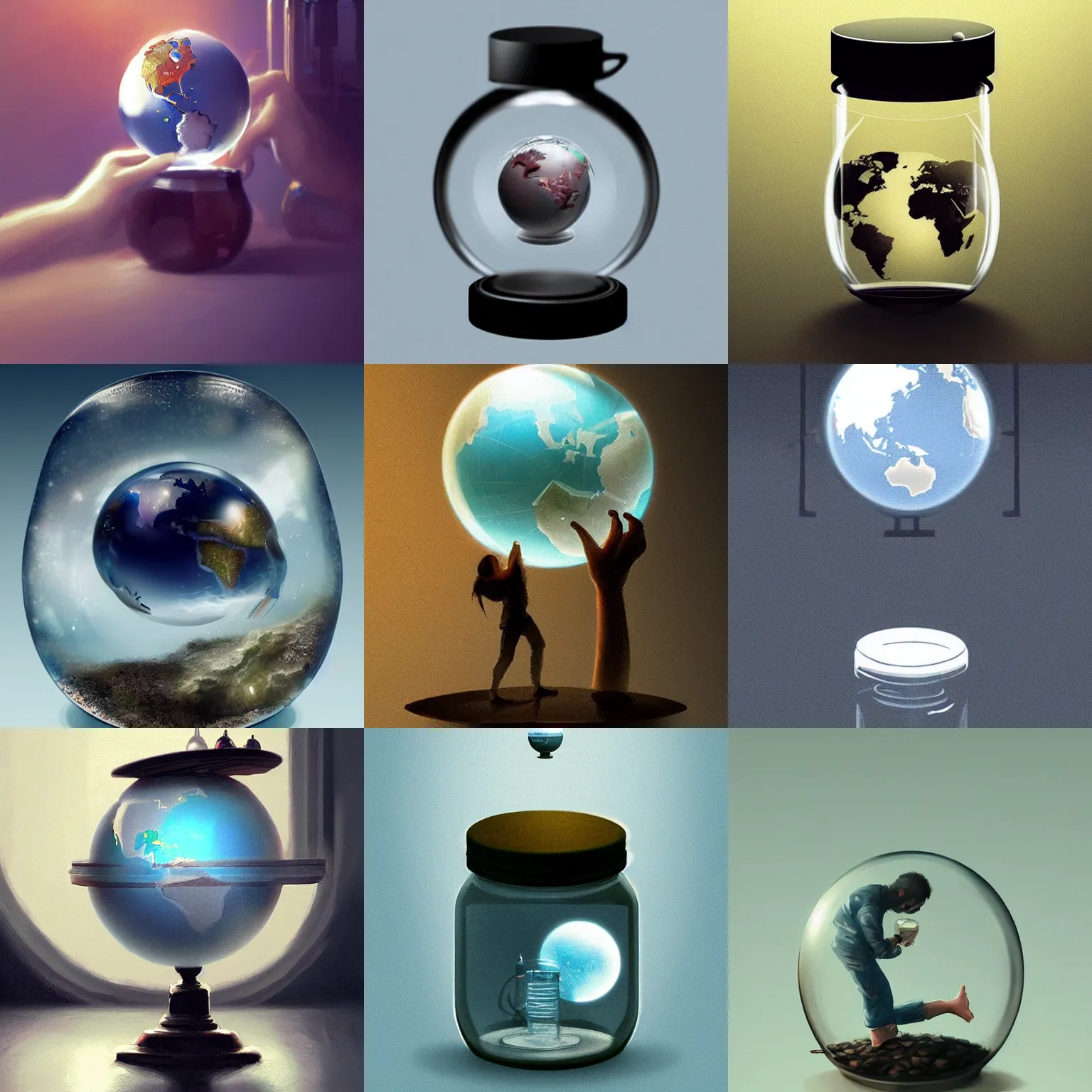 Prompt: a tiny globe!!!!!!!!!! inside a jar, the jar is held by a scientist, in a laboratory, digital art, greg rutkowski, artstation