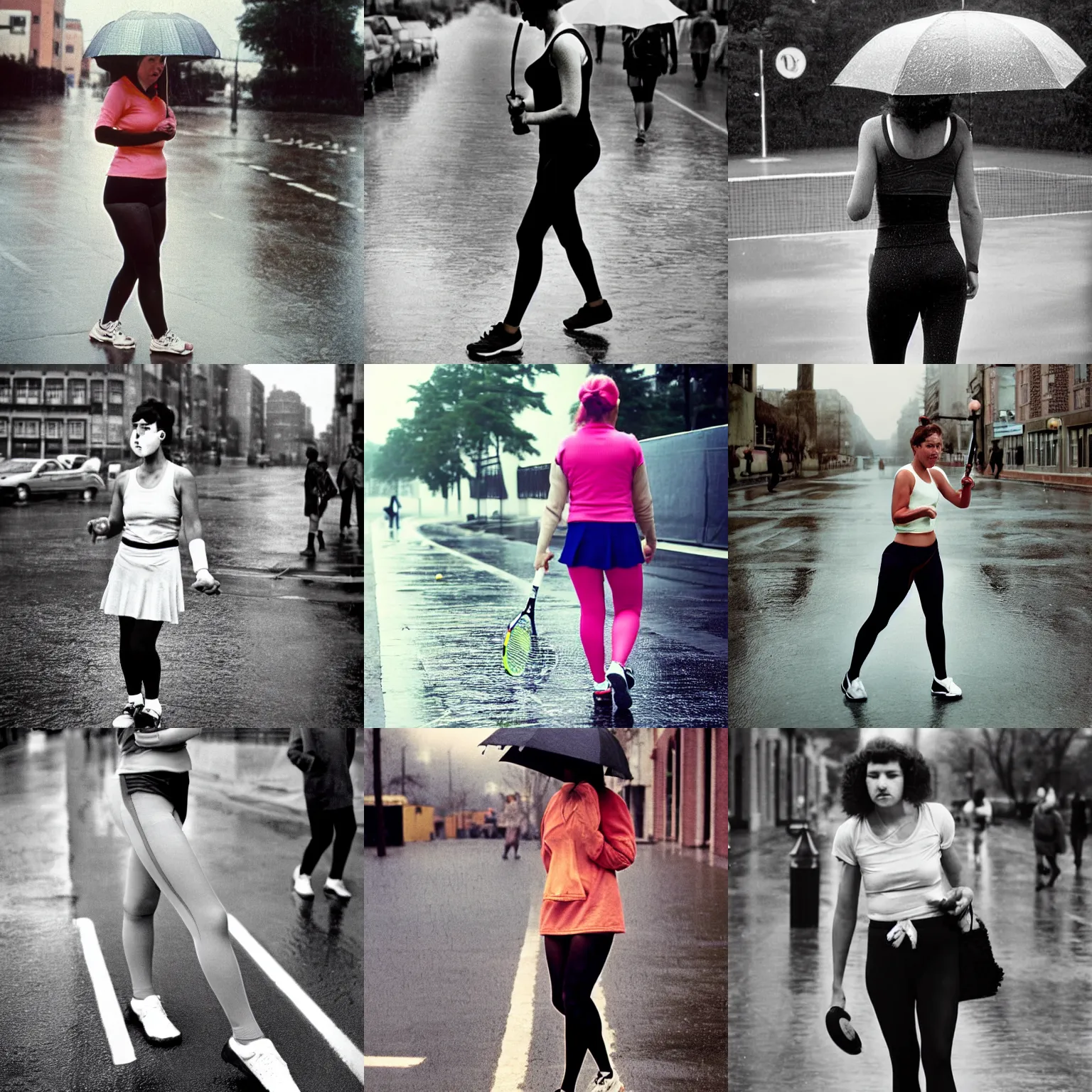 Prompt: A woman walking, tennis wear, face, mouth, nose, eye, tights; on the street, rainy; 90's photograph, focus on torso,