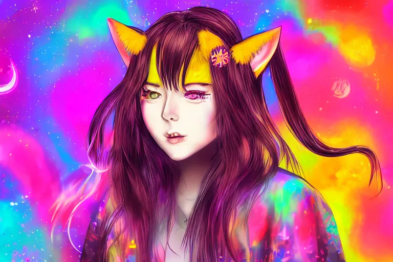 Prompt: girl with cat ears, psychedelic, lsd, trending on artstation, anime style, portrait, 4 k