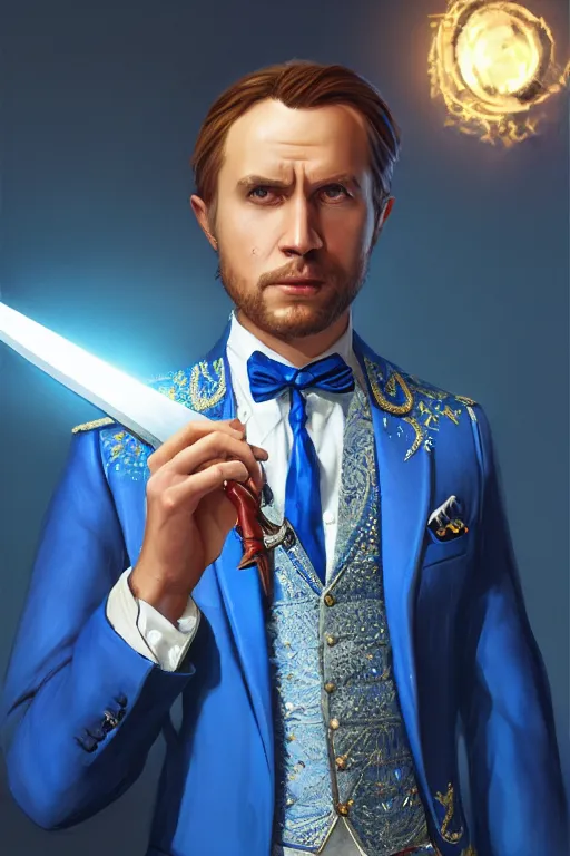 Image similar to a swedish man in a blue suit with a jeweled sword and a pistol, highly detailed, d & d, fantasy digital painting, trending on artstation, concept art, sharp focus, illustration, global illumination, ray tracing, realistic shaded, art by artgerm and greg rutkowski and fuji choko and viktoria gavrilenko and hoang lap