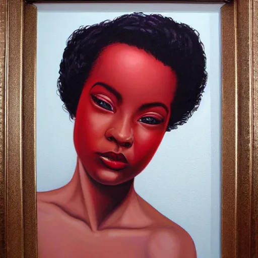 Prompt: damien gilley optical illusion portrait painting of a mulatto girl, red lisptick