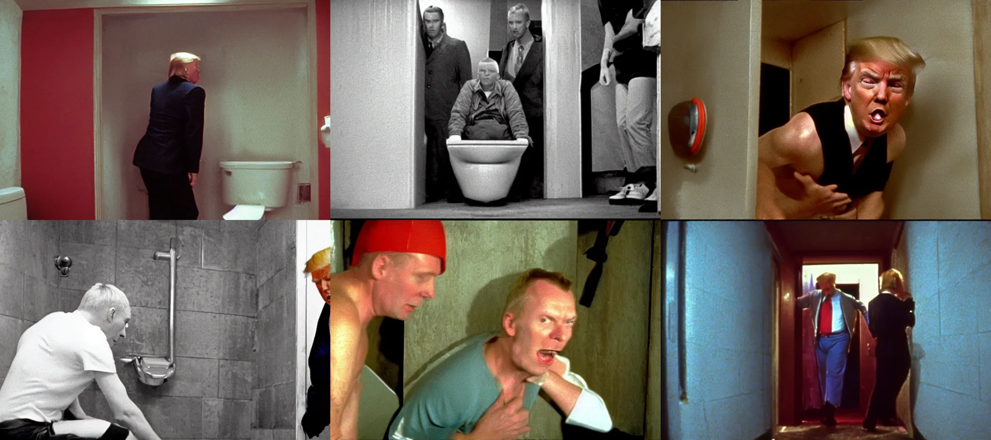 Prompt: donald trump climbing out of the toilet in the movie trainspotting 1 9 9 6