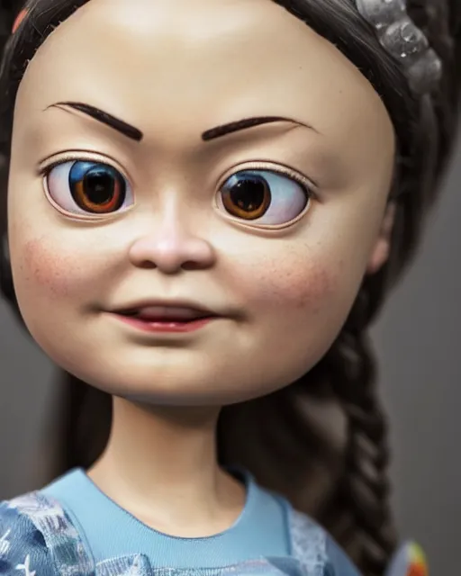 Image similar to highly detailed closeup, face profile portrait of a tin toy greta thunberg as an anime schoolgirl, bikini, depth of field, nicoletta ceccoli, mark ryden, lostfish, max fleischer, breathtaking, detailed and intricate environment, 8 k resolution, hyperrealistic, octane render