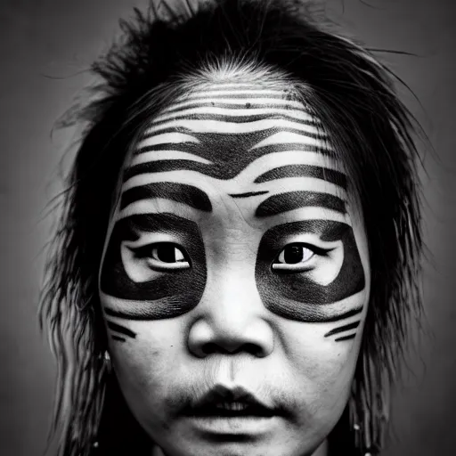 Image similar to grizzled young chinese woman with tribal face tattoos and facial hair, black & white, richard avedon, 5 0 mm, grainy, low light