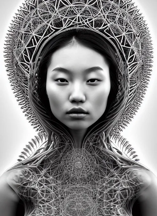 Prompt: ridiculously beautiful young asian woman thinking by irakli nadar, several layers of intricate sacred geometry, orgasm, cosmic, natural, awakening, symmetrical, in the style of ernst haeckel and alex grey, effervescent, warm, photo realistic, epic and cinematic