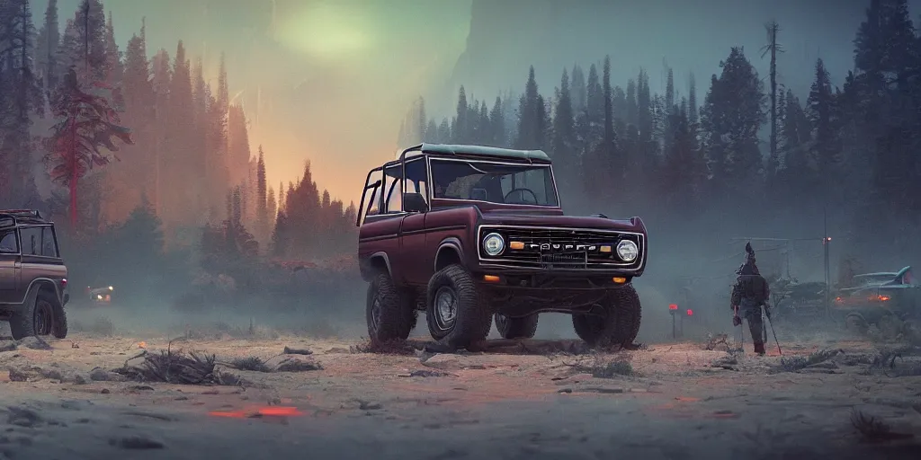 Prompt: ford bronco, an epic fantasy, dramatic lighting, cinematic, establishing shot, extremely high detail, photorealistic, cinematic lighting, artstation, by simon stalenhag, horizon forbidden west