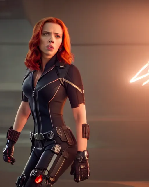 Image similar to film still of beautiful scarlett johansson wearing a fat - suit as black widow from 2 0 1 2's the avengers, cinematic lighting, octane render, backlit, rim lighting, 8 k resolution