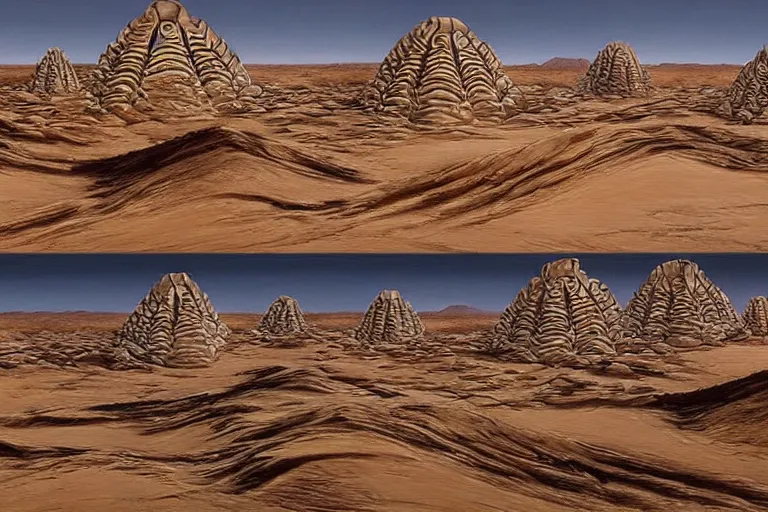 Image similar to a mysterious alien desert landscape with giant fractal shell buildings by James gurney and Jim burns