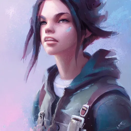 Image similar to portrait, Female adventurer, soft eyes and narrow chin, dainty figure, single strap paint covered overalls, short shorts, combat boots, raining, basic white background, style of by Jordan Grimmer and greg rutkowski, crisp lines and color,