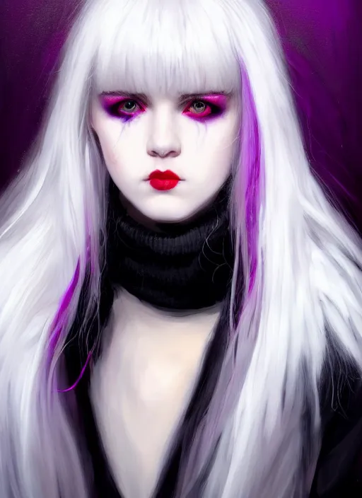 Image similar to portrait of white teenage girl, normal face, white bangs, mall goth, cyberlox, black and white hair, bangs, fluffy bangs, red contact lenses, purple lipstick, intricate, elegant, highly detailed, digital painting, artstation, concept art, sharp focus, smooth, illustration, art by wlop, mars ravelo and greg rutkowski