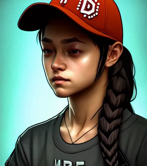 Image similar to symmetry ( clementine from the walking dead wearing her iconic baseball ( letter d ) hat portrait ) ultra detailed, intricate, anime, dynamic lighting, digital art, digital painting, art station, wlop, sharp focus, illustration, art by artgerm and greg rutkowski and alphonse mucha