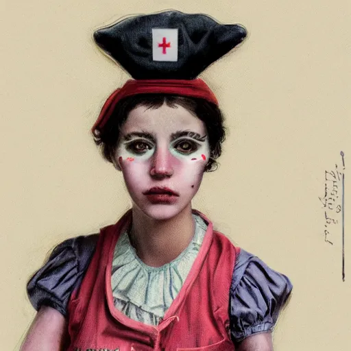 Image similar to clowncore pastel punk young hospital nurse wearing stylish uniform. detailed, portrait, 8 k, artwork by jean - baptiste monge