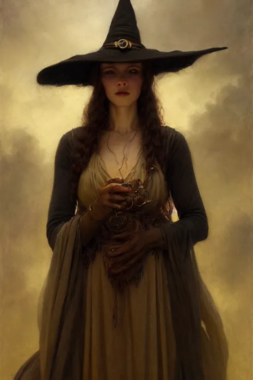 Image similar to a half body portrait of witch wearing witch dress and hat, high detail, cleary see face, by gaston bussiere, bayard wu, greg rutkowski, odd nerdrum, maxim verehin, dan dos santos, masterpiece, sharp focus, cinematic lightning